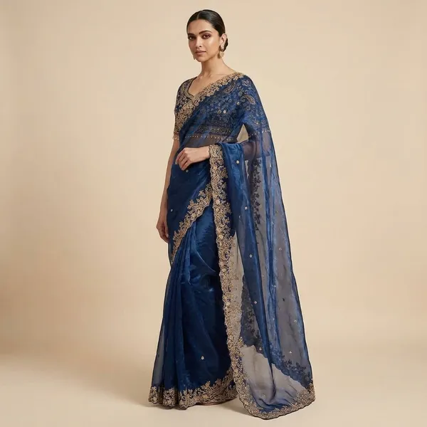 Royal_Blue_Embroidered_Net_Saree_With_Heavy_Border_And_Blouse