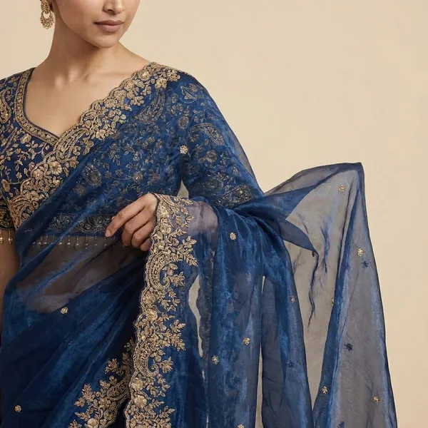 Royal_Blue_Embroidered_Net_Saree_With_Heavy_Border_And_Blouse