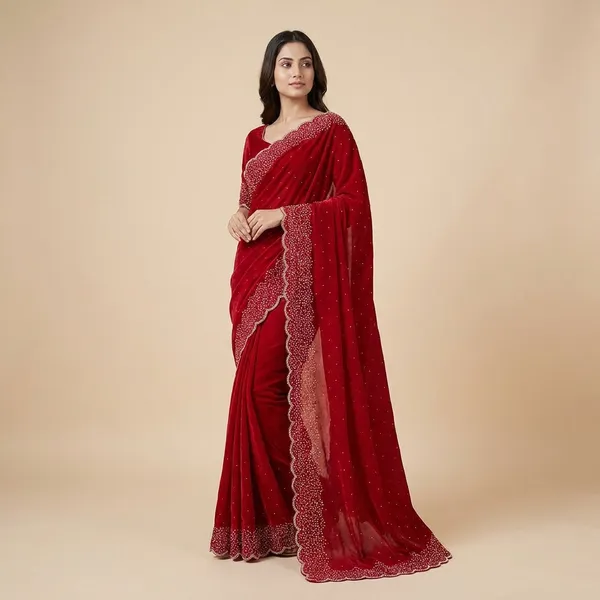 Red_Embellished_Saree_With_Golden_Blouse_And_Dupatta_Set