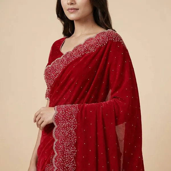 Red_Embellished_Saree_With_Golden_Blouse_And_Dupatta_Set