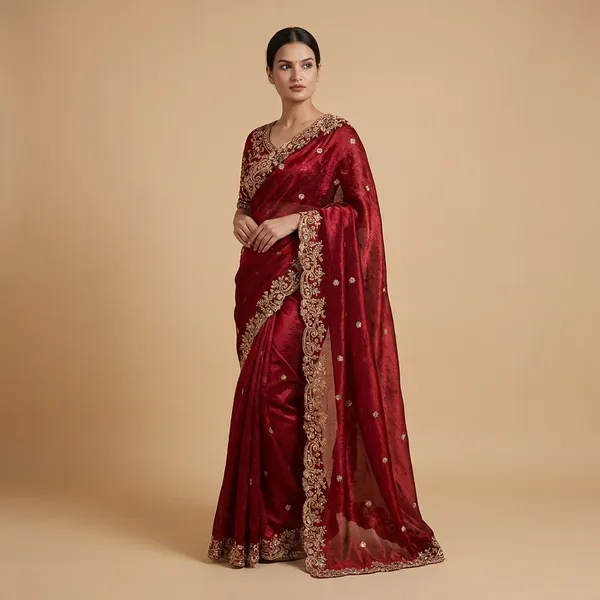 Maroon_Embroidered_Silk_Saree_With_Golden_Border_And_Blouse
