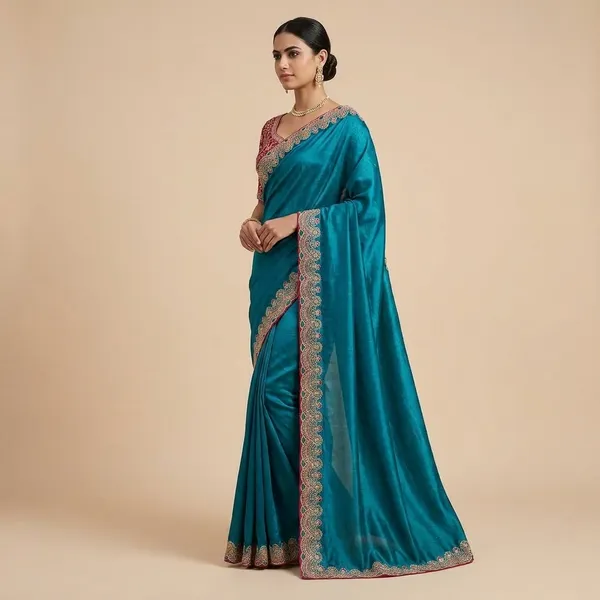 Teal_Blue_Embroidered_Wedding_Saree_With_Pink_Sequin_Blouse