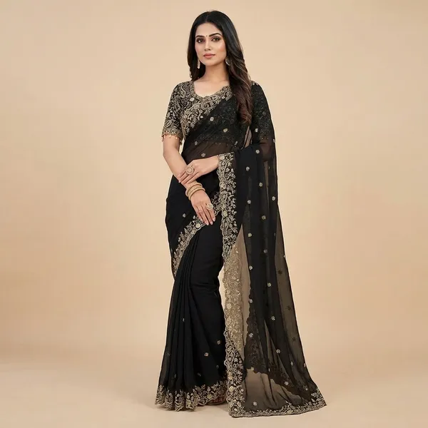 Black_Embroidered_Saree_With_Golden_Border_And_Blouse