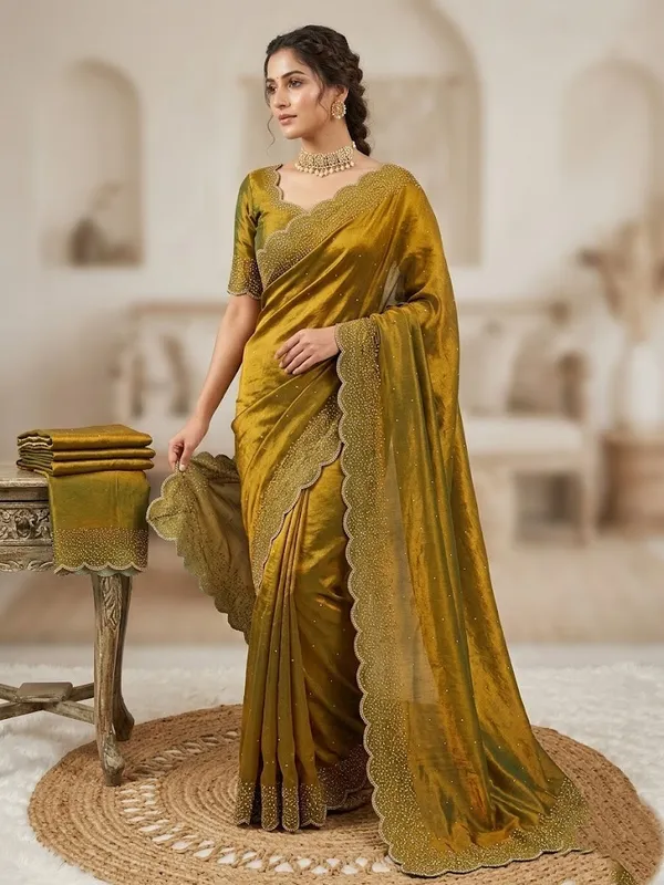 Olive_Green_Embellished_Silk_Saree_With_Beige_Blouse_Piece