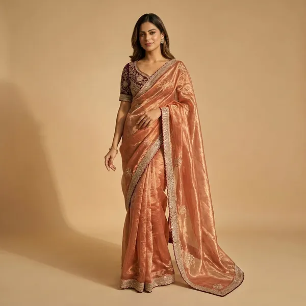 Peach_Embroidered_Organza_Silk_Saree_With_Maroon_Velvet_Embellished_Blouse