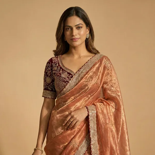 Peach_Embroidered_Organza_Silk_Saree_With_Maroon_Velvet_Embellished_Blouse