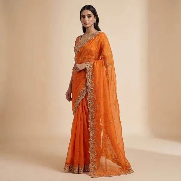 Elegant_Orange_Embroidered_Saree_With_Blouse