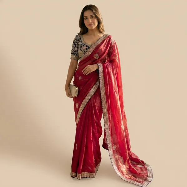 Red_Silk_Saree_With_Embellished_Blue_Blouse