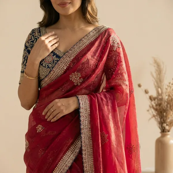 Red_Silk_Saree_With_Embellished_Blue_Blouse