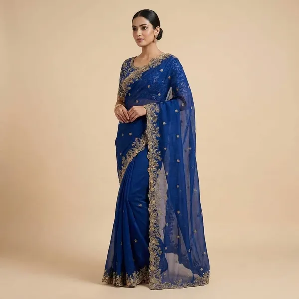 Royal_Blue_Embroidered_Saree_With_Heavy_Border_And_Blouse