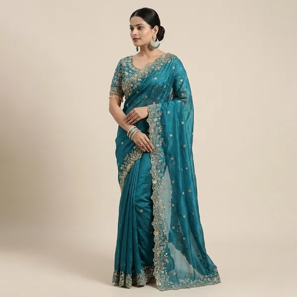 Teal_Blue_Embroidered_Silk_Saree_With_Heavy_Golden_Border_Work