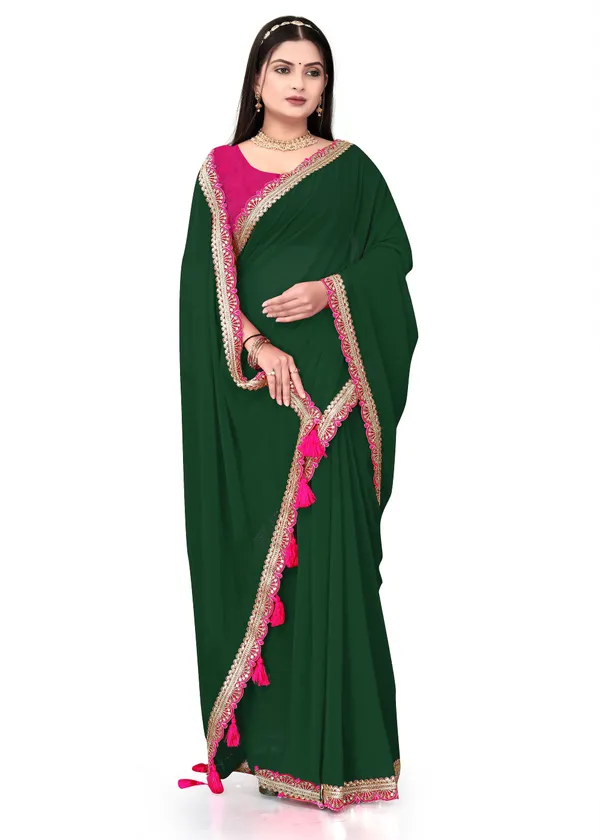 Fashion_Day_Solid/Plain_Bollywood_Georgette_Saree_(Dark_Green)
