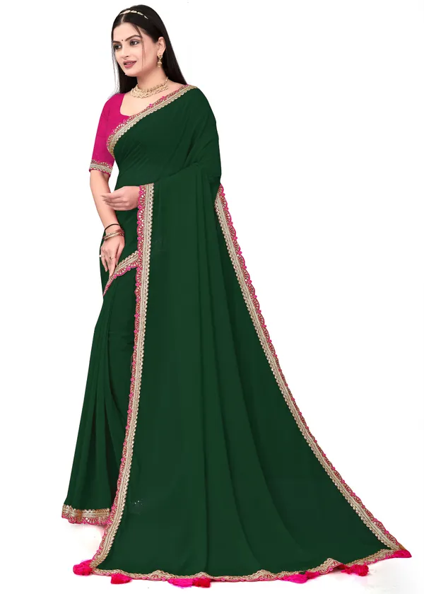 Fashion_Day_Solid/Plain_Bollywood_Georgette_Saree_(Dark_Green)