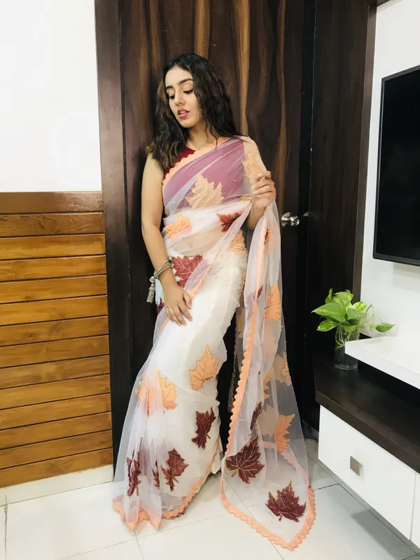 Fashionday_Fashion_Net_Saree_With_Unstitched_Blouse_(Orange_And_White)