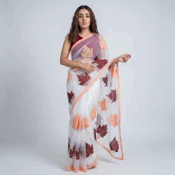 Fashionday_Fashion_Net_Saree_With_Unstitched_Blouse_(Orange_And_White)