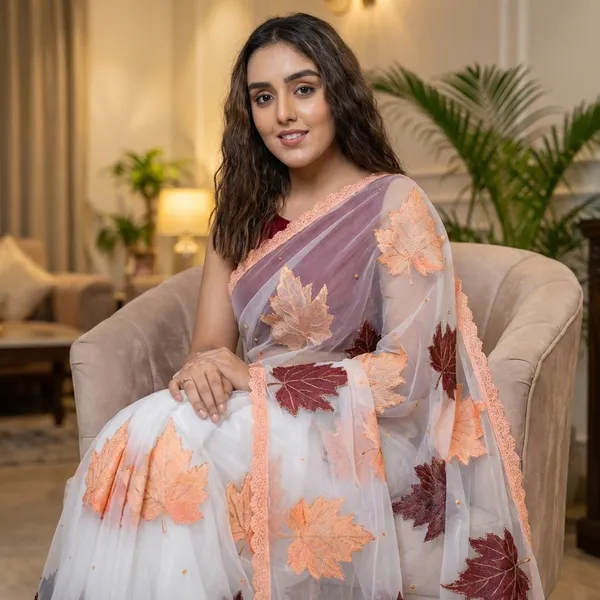Fashionday_Fashion_Net_Saree_With_Unstitched_Blouse_(Orange_And_White)