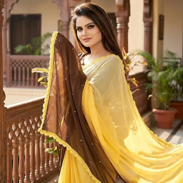 Fashion_Day_Self_Design_Fashion_Georgette_Saree_With_Unstitched_Blouse_(Yellow_And_Brown)