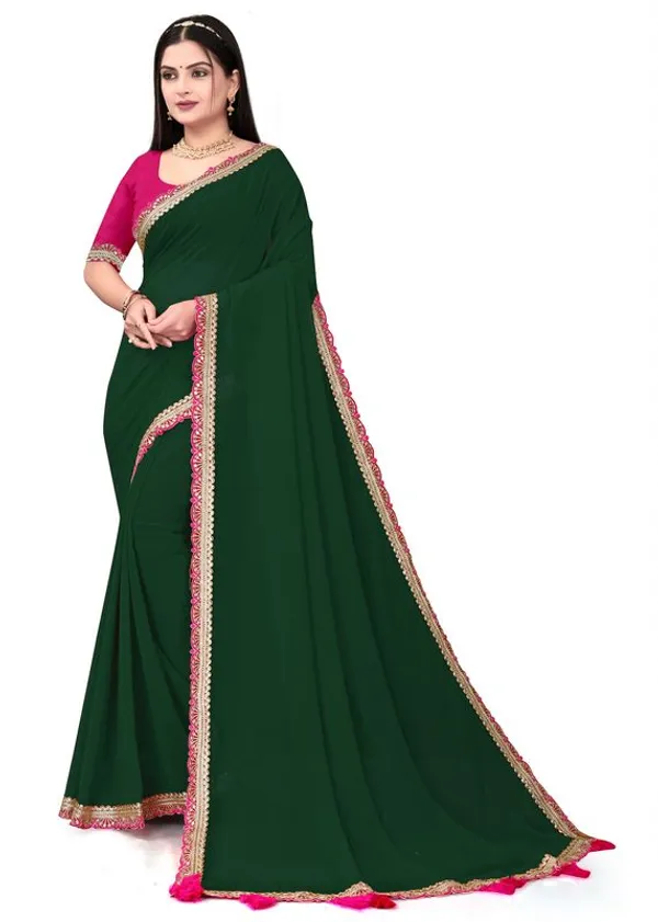 Fashion_Day_Solid/Plain_Bollywood_Georgette_Saree_(Dark_Green)