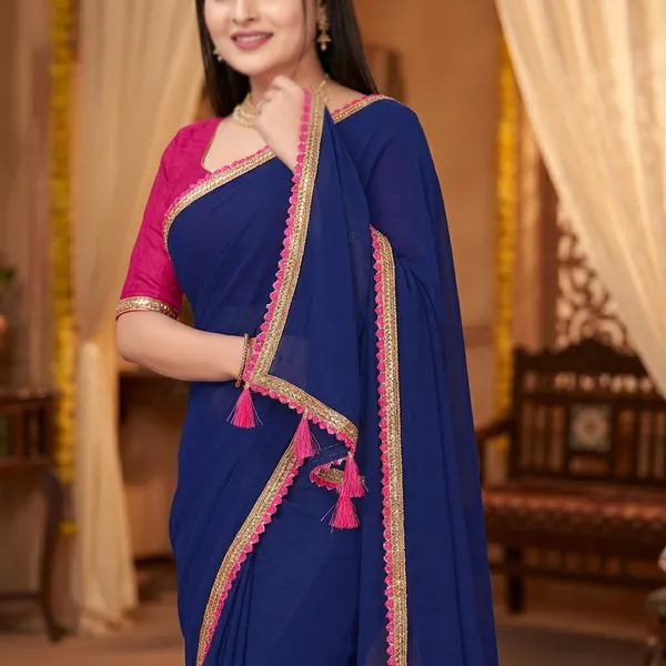 Fashion_Day_Solid/Plain_Bollywood_Georgette_Saree_(Dark_Blue)