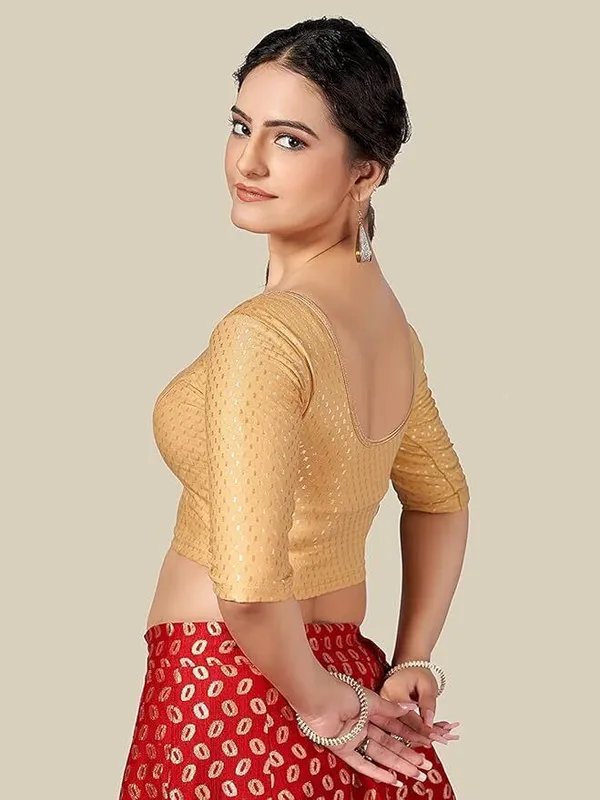 Beige_Premium_Chandan_Tex_Fab_Round_Neck_Blouse_For_Women