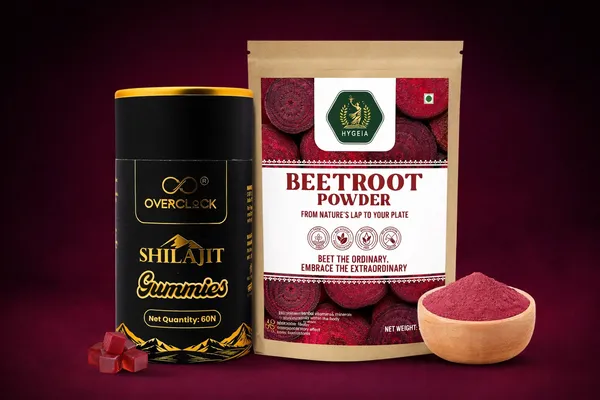 Overclock_Shilajit_Gummies_Himalayan_Resin_Extract_60_Count_And_Hygeia_Beetroot_Powder_Natural_Skin_Care_And_Superfood_200_G_Combo