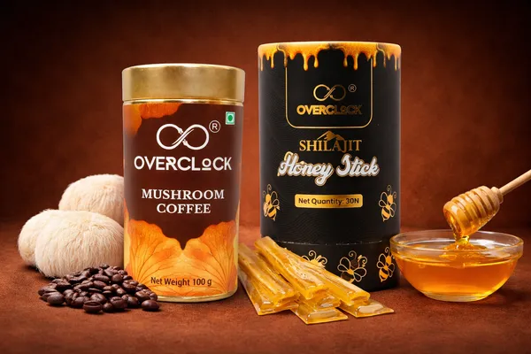 Overclock_Lions_Mane_Mushroom_Coffee_Instant_Ayurvedic_Blend_100_G_And_Overclock_Shilajit_Honey_Sticks_Natural_Energy_Supplement_30_Sticks_Combo
