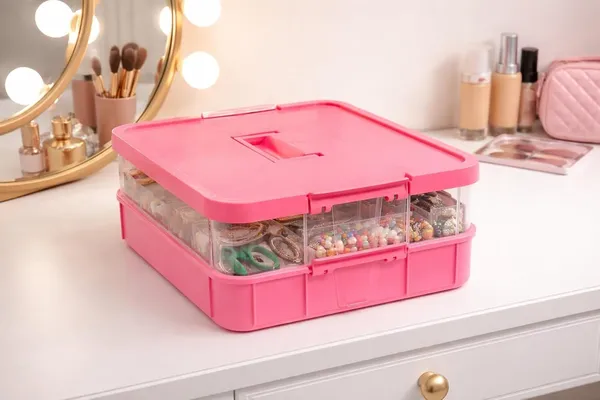 Pink_Storage_Box_Clear_Stack_And_Carry_Box,_Portable_Craft_Organizers,_And_Storage_Bin_For_Organizing_Arts_And_Crafts,_Sewing,_Makeup,Supplies_Ideal_Hobby_Organizer