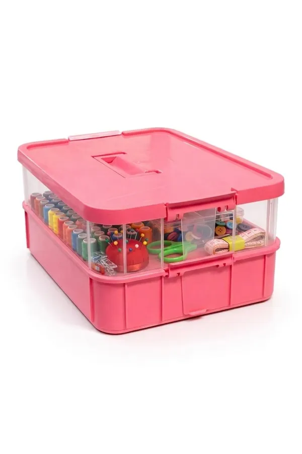 Pink_Storage_Box_Clear_Stack_And_Carry_Box,_Portable_Craft_Organizers,_And_Storage_Bin_For_Organizing_Arts_And_Crafts,_Sewing,_Makeup,Supplies_Ideal_Hobby_Organizer