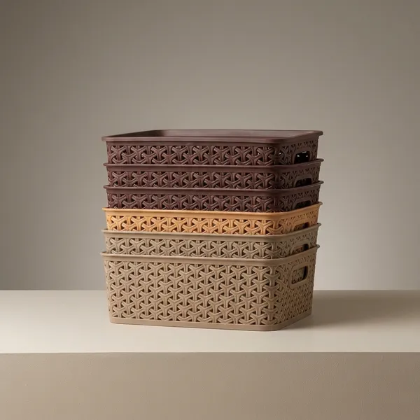 Brown_Multipurpose_Solitaire_Storage_Basket_With_Lid|Strong_Plastic_Material_And_Side_Grip|Size_Small,Pack_Of_3