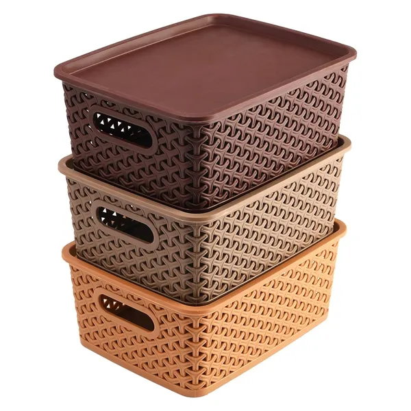 Brown_Multipurpose_Solitaire_Storage_Basket_With_Lid|Strong_Plastic_Material_And_Side_Grip_Pack_Of_3