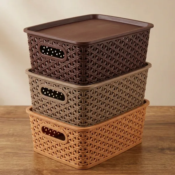 Brown_Multipurpose_Solitaire_Storage_Basket_With_Lid|Strong_Plastic_Material_And_Side_Grip_Pack_Of_3