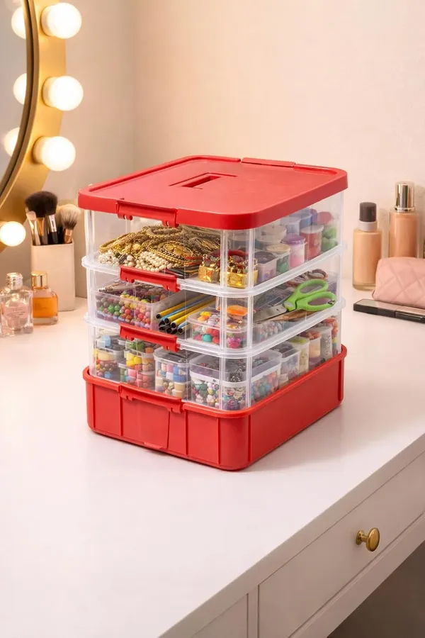 Pink_Storage_Box_Clear_Stack_And_Carry_Box,_Portable_Craft_Organizers,_And_Storage_Bin_For_Organizing_Arts_And_Crafts,_Sewing,_Makeup,Supplies_Ideal_Hobby_Organizer
