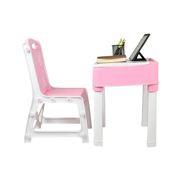 Kids_Functional_Desk_Chair_Set_3_And_12Years_Boys_Girls/Kids_Study_Table_With_Height_Adjustable/Study_Table_With_Book_Holder_(Pink_And_White)