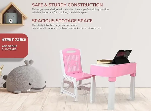 Kids_Functional_Desk_Chair_Set_3_And_12Years_Boys_Girls/Kids_Study_Table_With_Height_Adjustable/Study_Table_With_Book_Holder_(Pink_And_White)