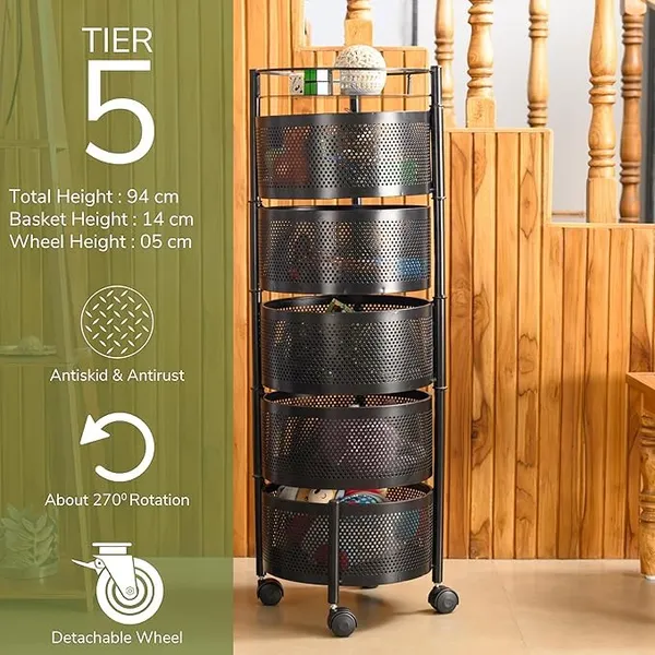 Kitchen_Storage_Rack_Revolving_Vegetable_Rack_Square_Multipurpose_Storage_Trolley_With_Wheels_Metal_Fruit_Rack_(Black_Round,_5_Layer)