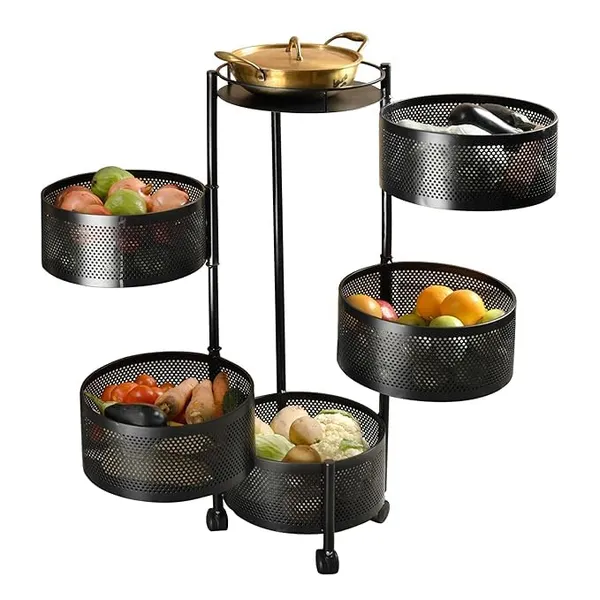 Kitchen_Storage_Rack_Revolving_Vegetable_Rack_Square_Multipurpose_Storage_Trolley_With_Wheels_Metal_Fruit_Rack_(Black_Round,_5_Layer)