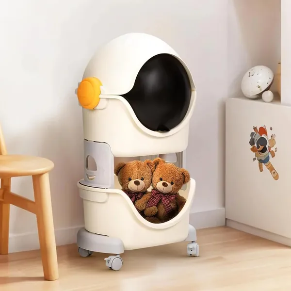 Kids_Robot_Style_Toy_Storage_Organizer_With_Wheels_Multi_Layer_Cartoon_Robot_Design_Storage_Box_Plastic_Toy_Bin_For_Kids_Room_Space_Saving_(White_Grey,_2_Layer)