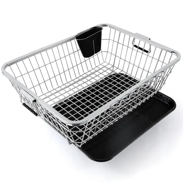 Silver_Privesh_Stainless_Steel_Dish_Drainer_With_Drip_Tray/Utensil_Drying_Stand_For_Kitchen/Plate_Rack/Bartan_Basket/Sink_Countertop_Dish_Drainer
