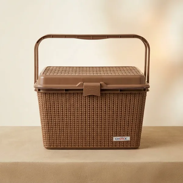 Dull_Brown_Compartment_Storage_Basket_With_Lid_And_Handle_Sturdy_Plastic_Multipurpose_Organizer_For_Kitchen,_Bathroom_And_Shopping