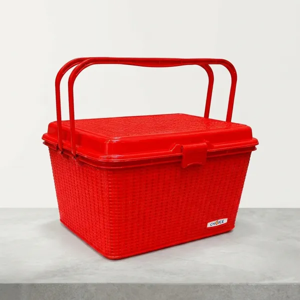 Red_Compartment_Storage_Basket_With_Lid_And_Handle_Sturdy_Plastic_Multipurpose_Organizer_For_Kitchen,_Bathroom_And_Shopping