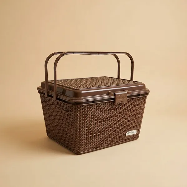 Dull_Brown_Compartment_Storage_Basket_With_Lid_And_Handle_Sturdy_Plastic_Multipurpose_Organizer_For_Kitchen,_Bathroom_And_Shopping