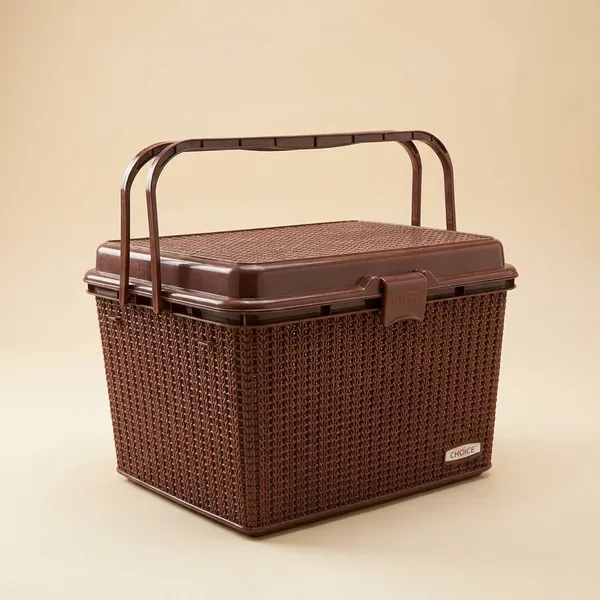 Dark_Brown_Compartment_Storage_Basket_With_Lid_And_Handle_Sturdy_Plastic_Multipurpose_Organizer_For_Kitchen,_Bathroom_And_Shopping