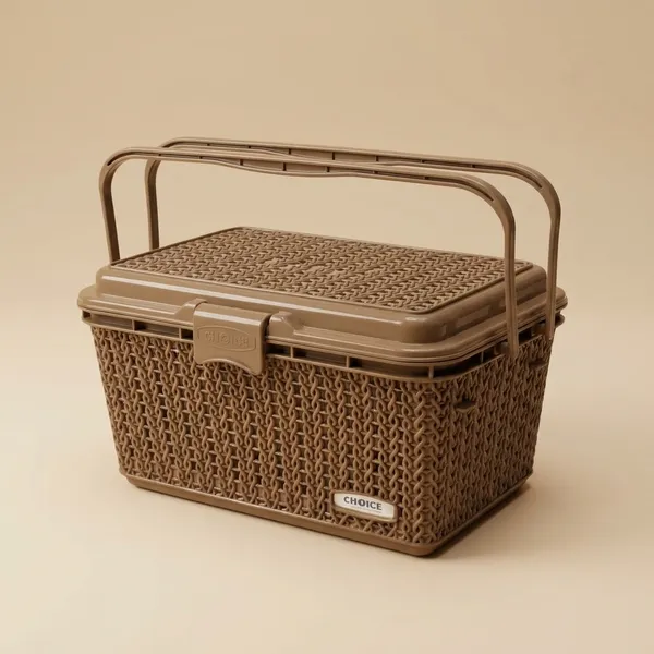 Dull_Brown_Compartment_Storage_Basket_With_Lid_And_Handle_Sturdy_Plastic_Multipurpose_Organizer_For_Kitchen,_Bathroom_And_Shopping