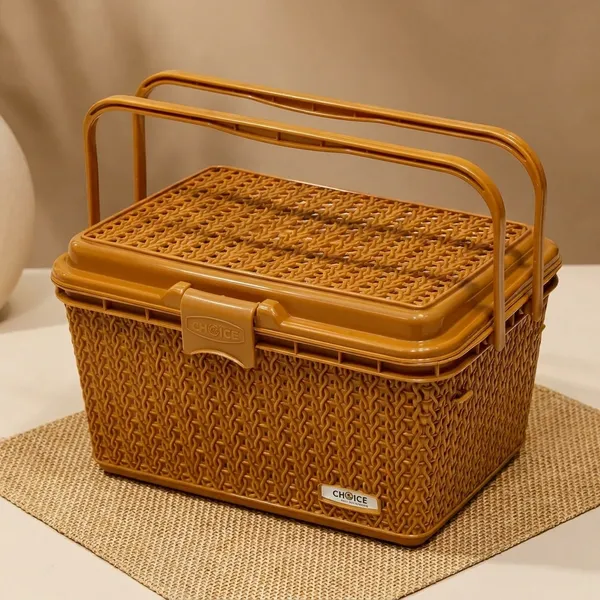 Golden_Brown_Compartment_Storage_Basket_With_Lid_And_Handle_Sturdy_Plastic_Multipurpose_Organizer_For_Kitchen,_Bathroom_And_Shopping