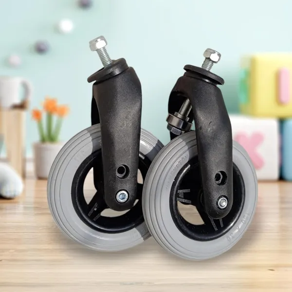 6_Inch_(150×30)_Wheelchair_Wheel_Complete_With_Fork_Bearing_&_Nut_Bolt_|_Height_Adjustable_|_Grey_(Pack_of_2)