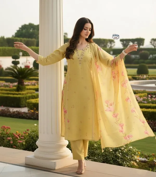 Premium_And_Beautiful_Embroidery_Work_Neckline_Chanderi_Butti_Kurti_Yellow_Red