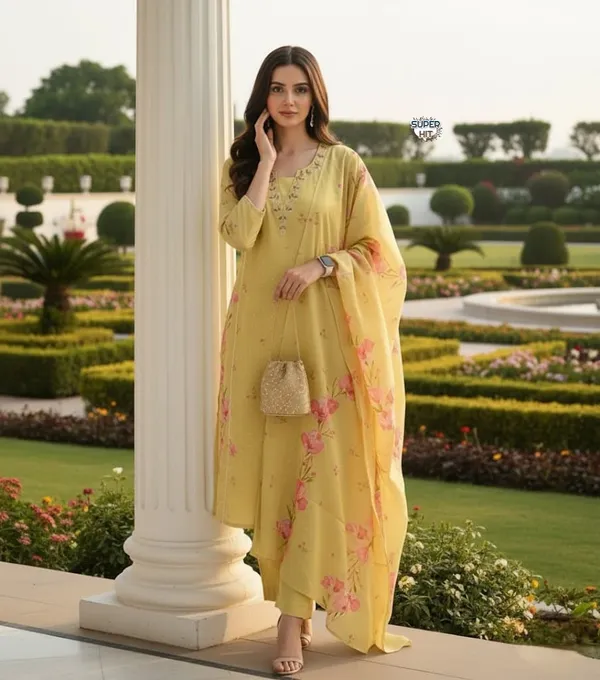 Premium_And_Beautiful_Embroidery_Work_Neckline_Chanderi_Butti_Kurti_Yellow_Red