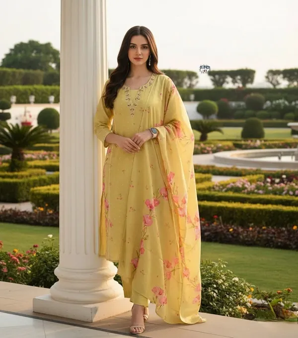 Premium_And_Beautiful_Embroidery_Work_Neckline_Chanderi_Butti_Kurti_Yellow_Red