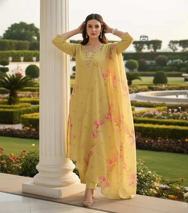 Premium_And_Beautiful_Embroidery_Work_Neckline_Chanderi_Butti_Kurti_Yellow_Red