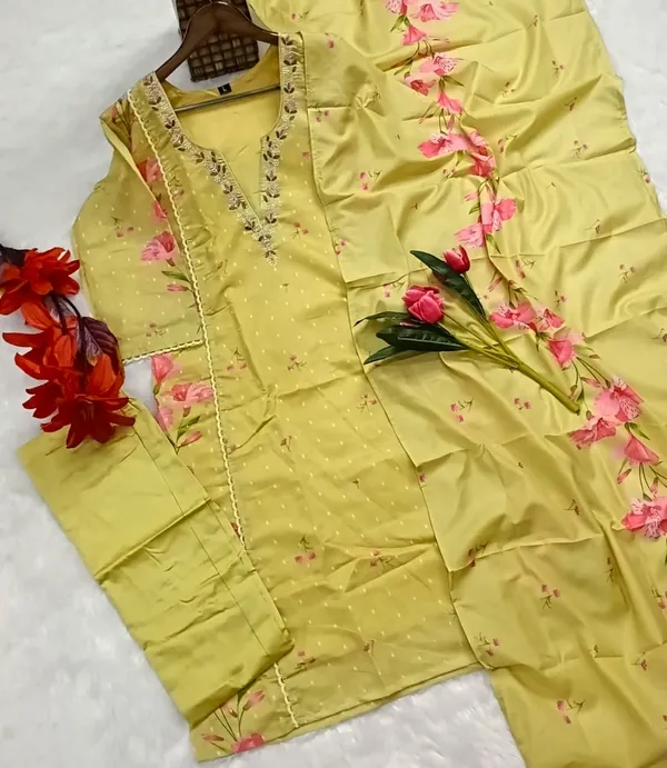 Premium_And_Beautiful_Embroidery_Work_Neckline_Chanderi_Butti_Kurti_Yellow_Red
